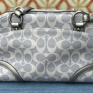 Coach Silver and Gray Signature Leather Boston Bag